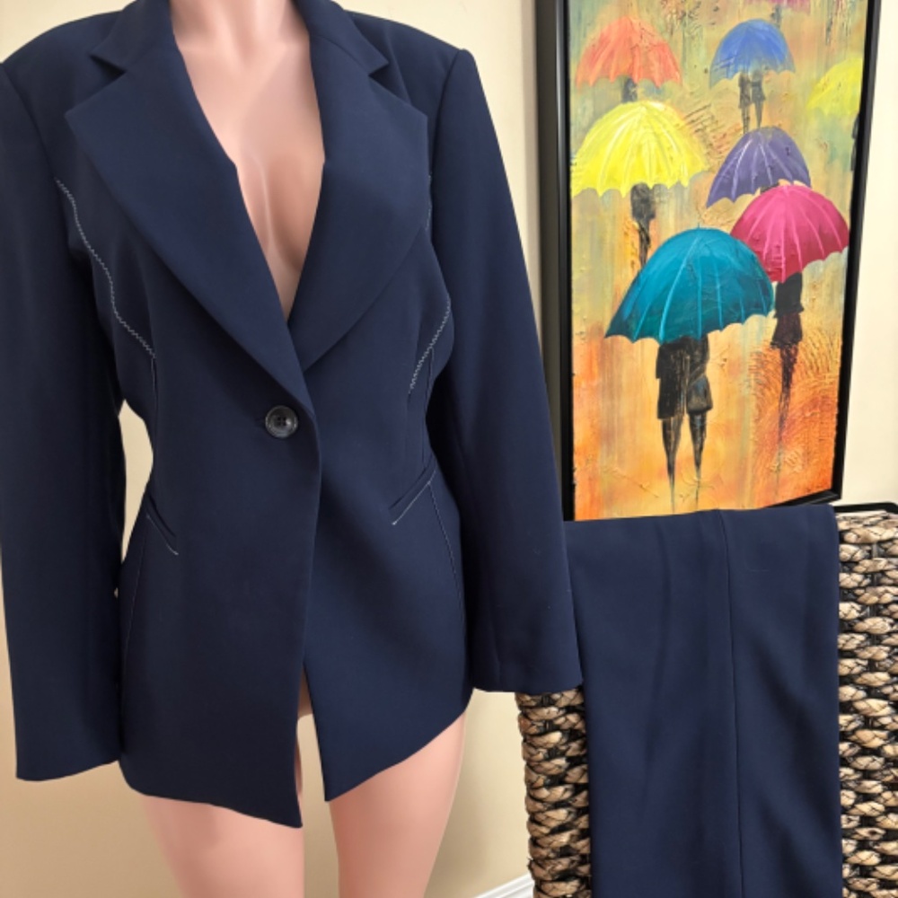 Designer Etcetera (Carlisle) Navy Blue Pantsuit NOTE Jacket SIZE 12 Pant SIZE 14